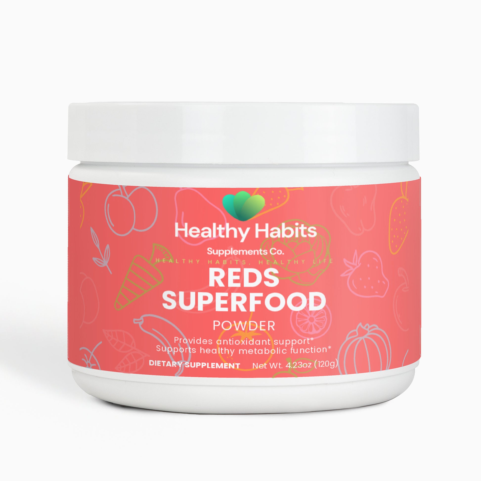 Jar of Healthy Habits Reds Superfood Powder on a white background